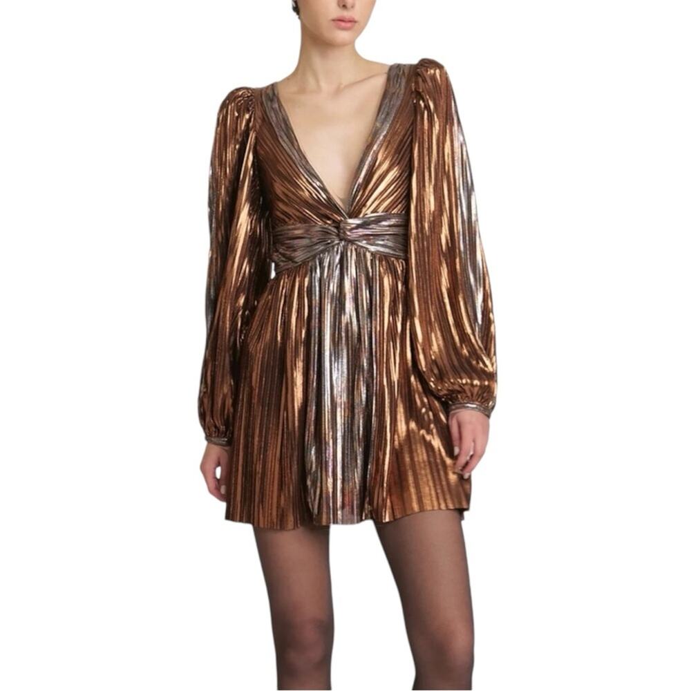 NWOT Sabina Musayev Wendy Metallic Pleated Long Sleeve Mini Dress XS in Bronze